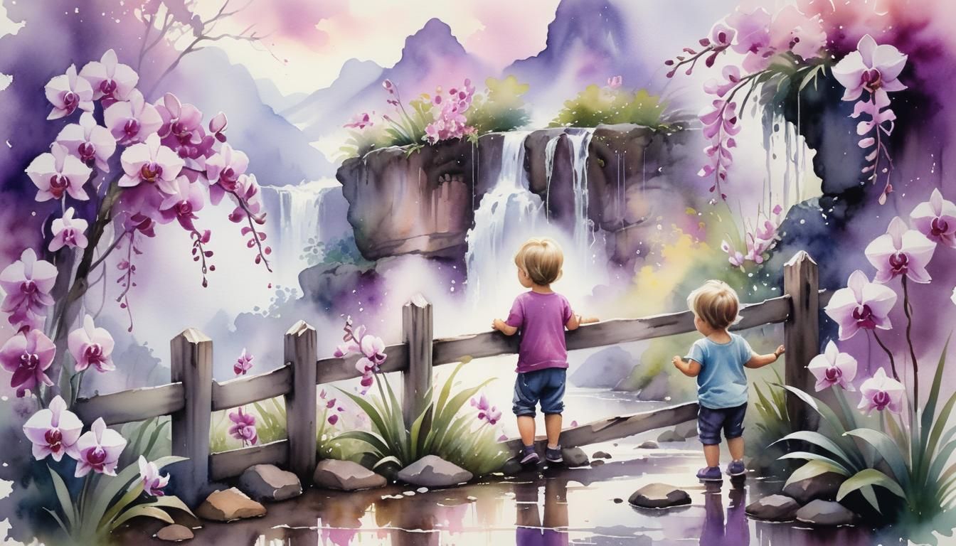 Ethereal Watercolor: Toddlers and Orchid Landscape