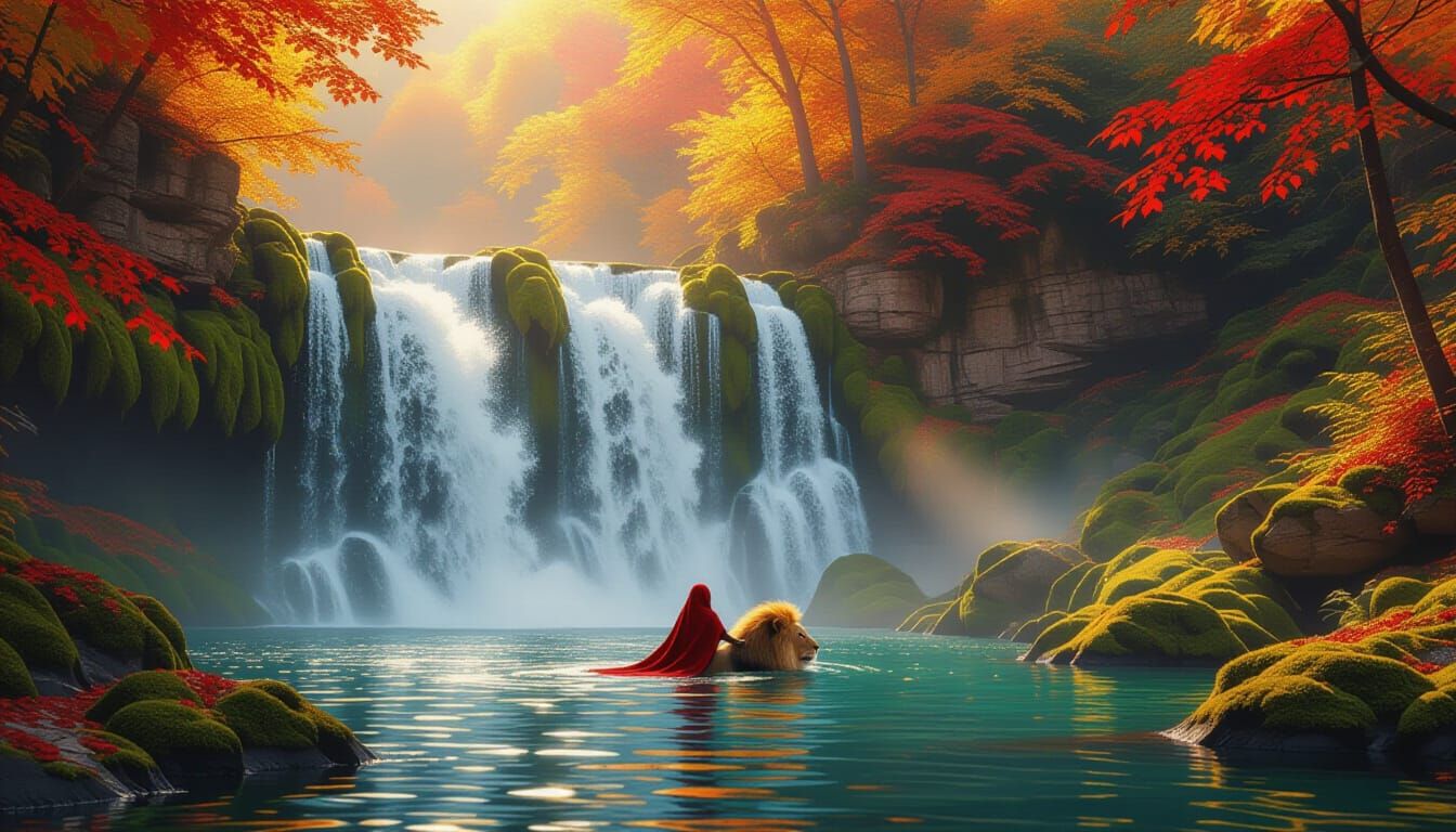 Golden Autumn Waterfall with Woman and Lion