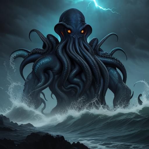 Ominous Cthulhu Emerges from Stormy Ocean