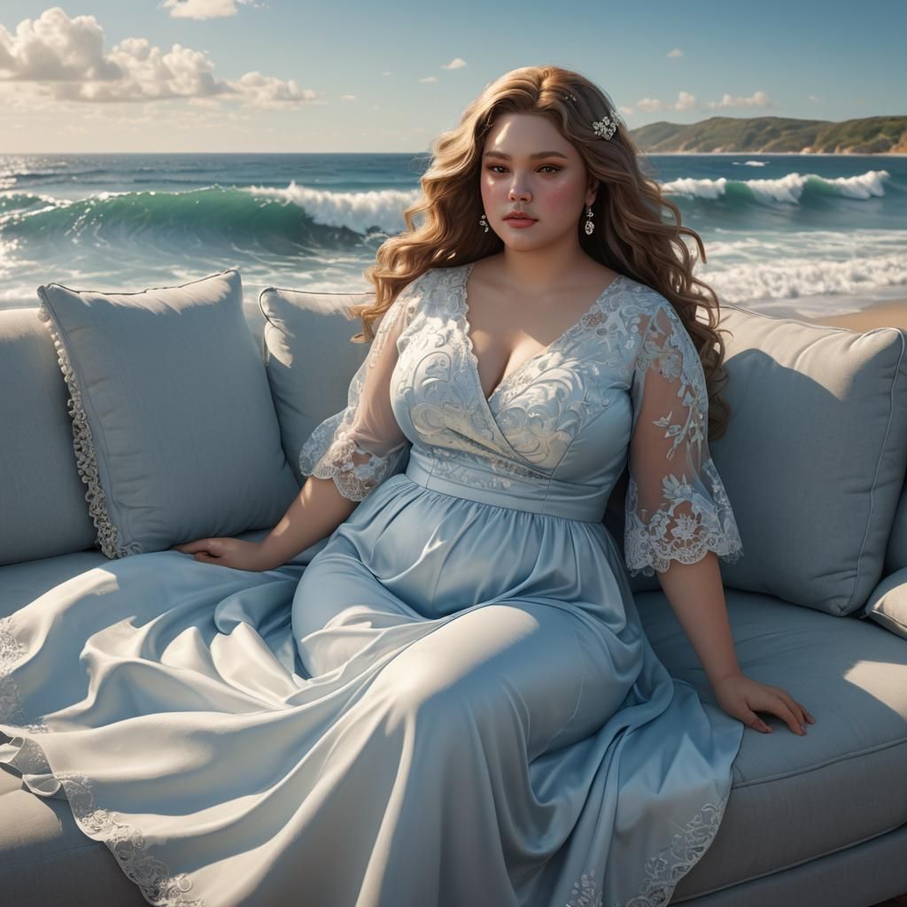 Plus-Size Model on Blue Couch with Ocean View