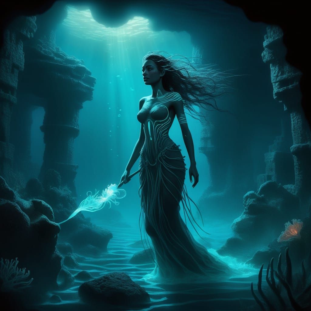 Ethereal Woman in Deep-Sea Ruins, Dark Fantasy Concept Art