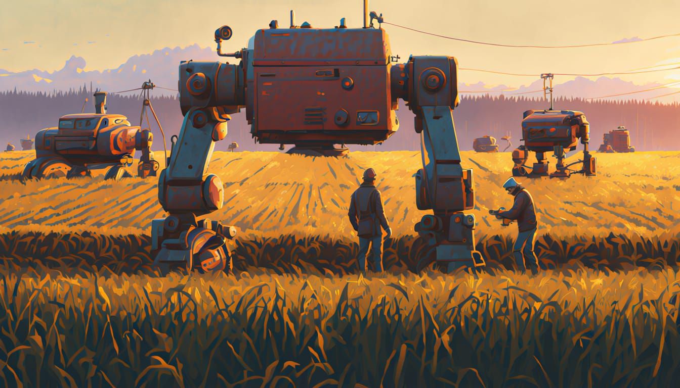 Robots as Farm Workers in Stålenhag Style