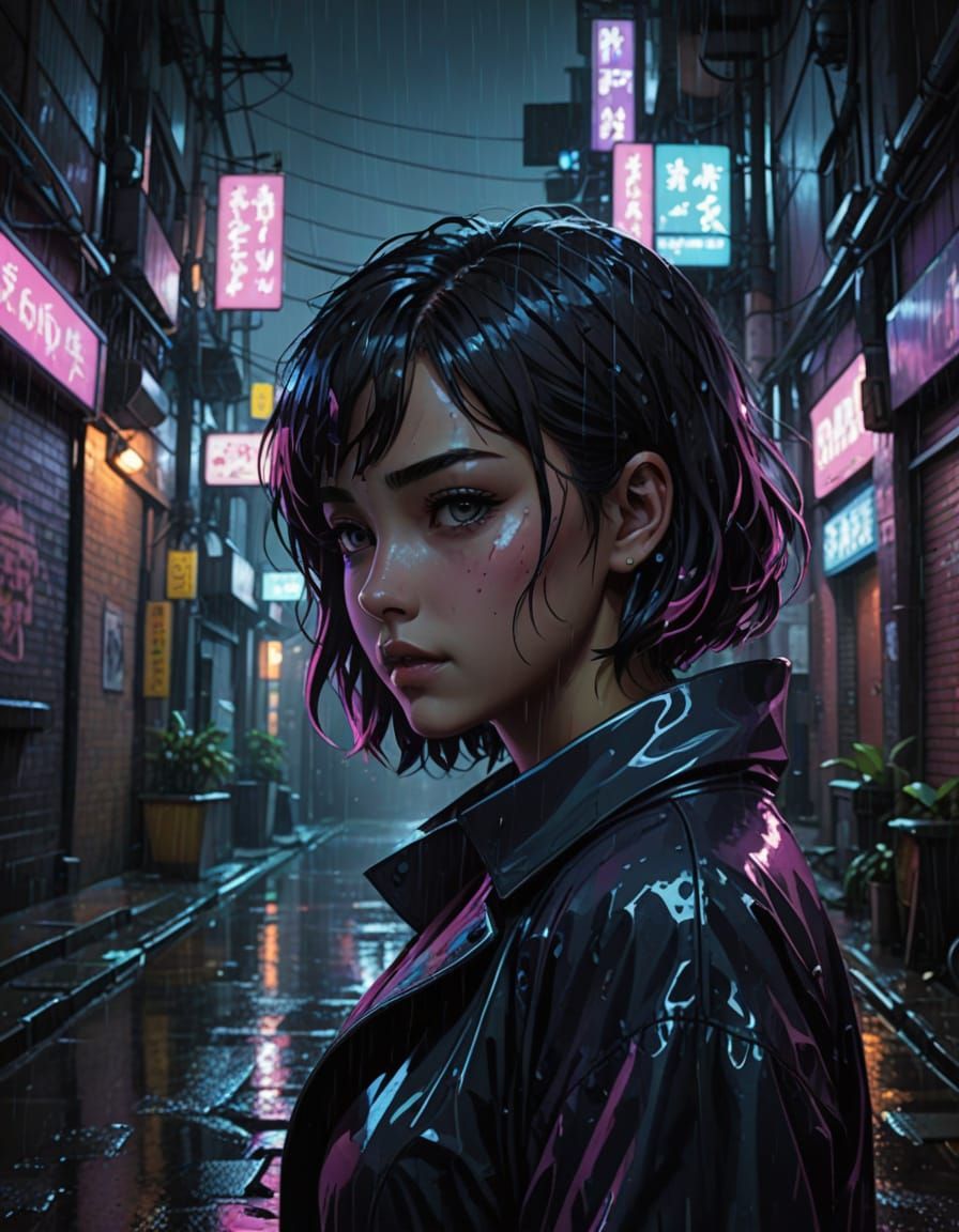 Cyberpunk Anime Girl in Neon Alleyway