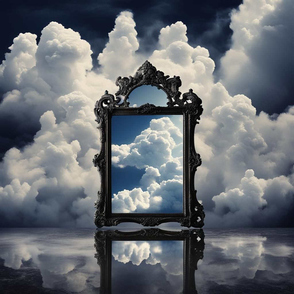 Surreal Face in Mirror with Cloud Reflections