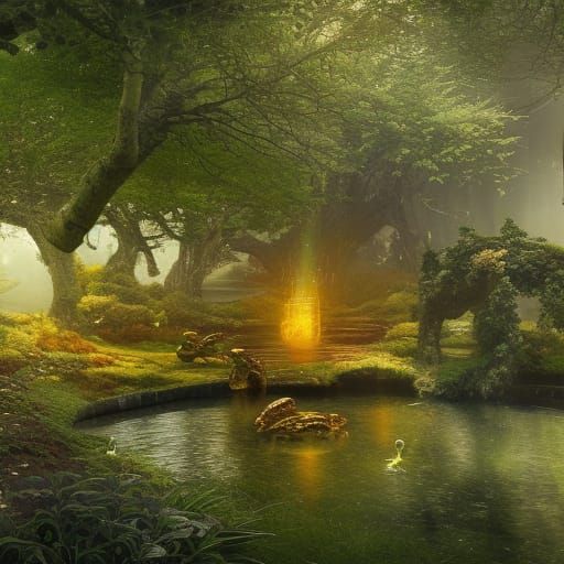 Rainbow Filigree: Intricate Frogs in Holy Irish Pond