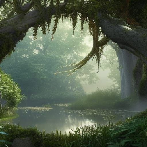 Detailed Frog Pond with Rainbow Trees