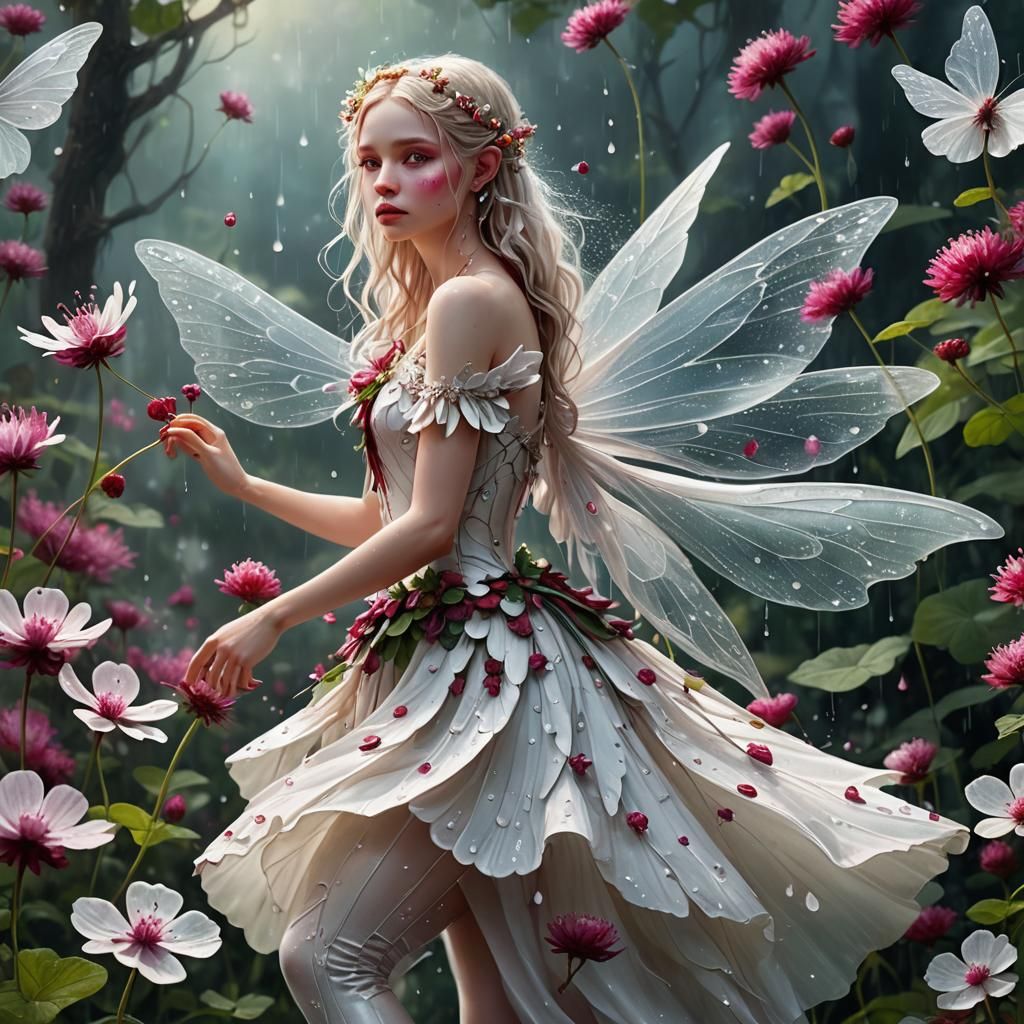 Delicate White Fairy on Crimson Clover: Fantasy Art