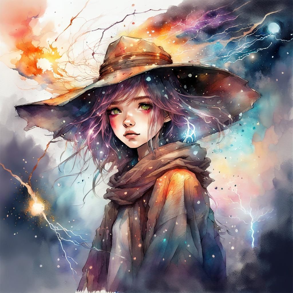 Cute Chibi Thunder Witch Casting Galaxy Spell