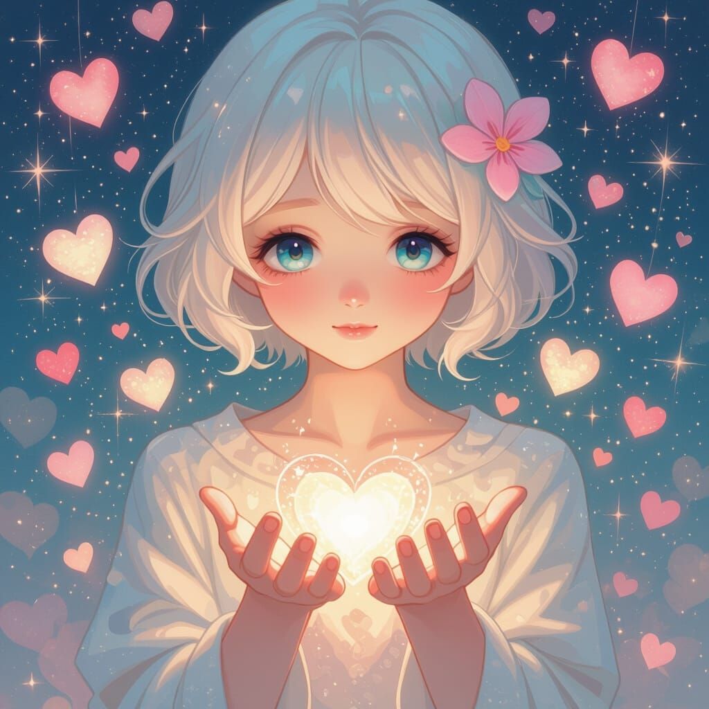 Radiant Figure Surrounded by Hearts in Pop Surrealist Style