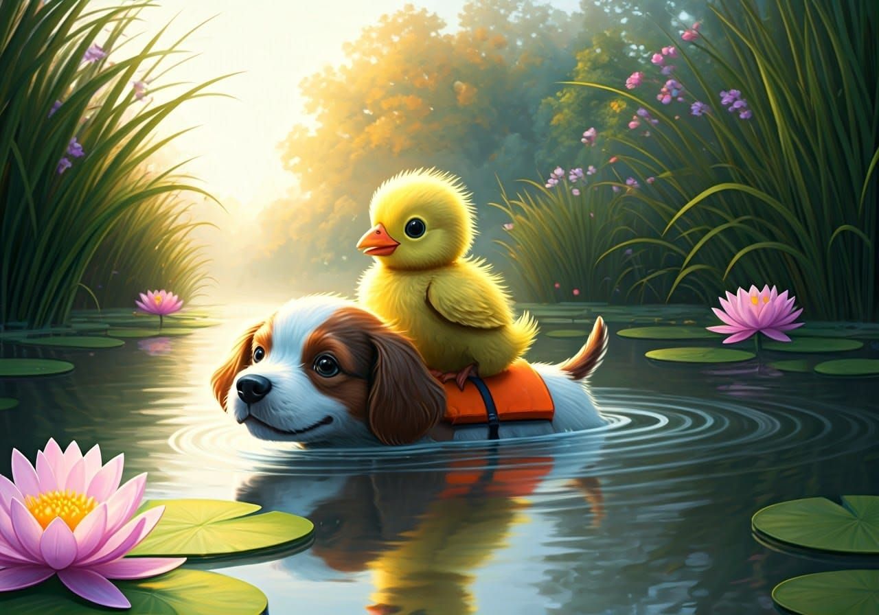Gosling and Dog on Serene Lake in Children's Book Style