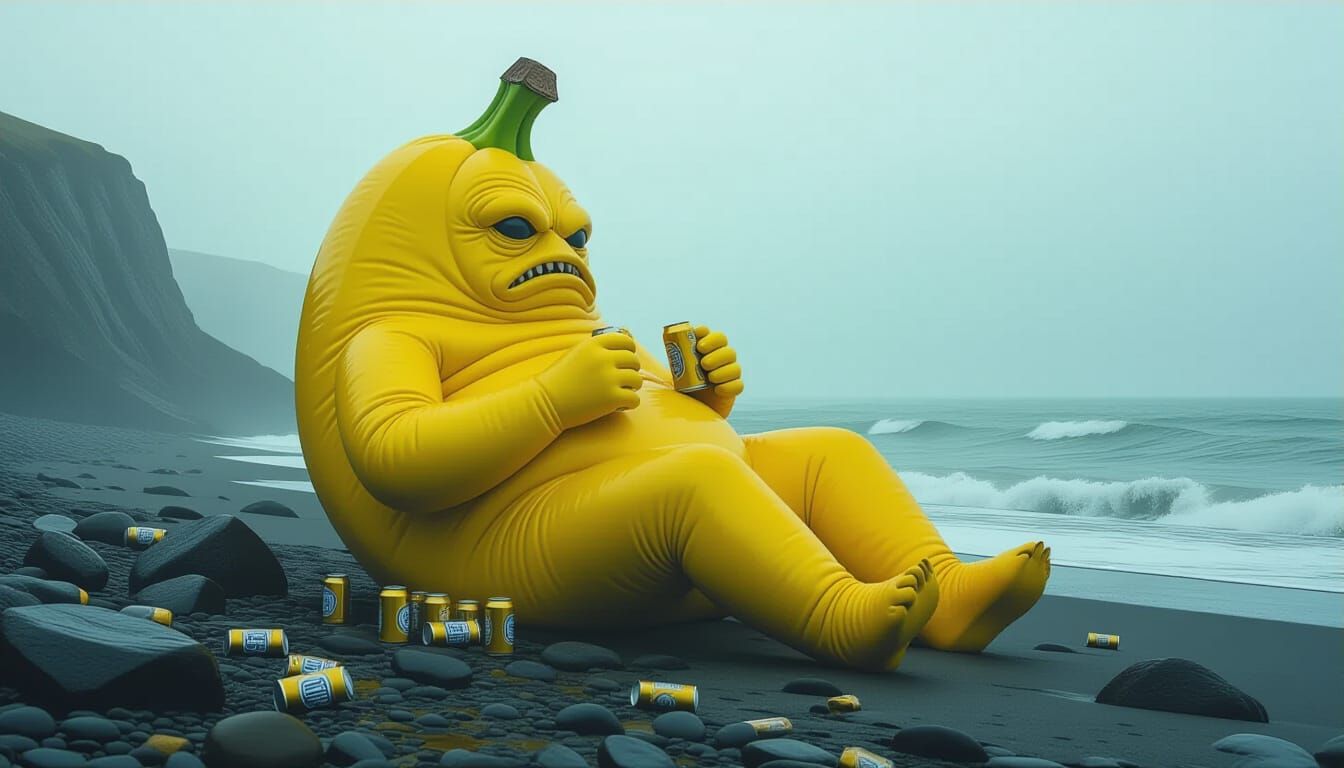 Grotesque Banana Creature Drinks Beer on Desolate Beach