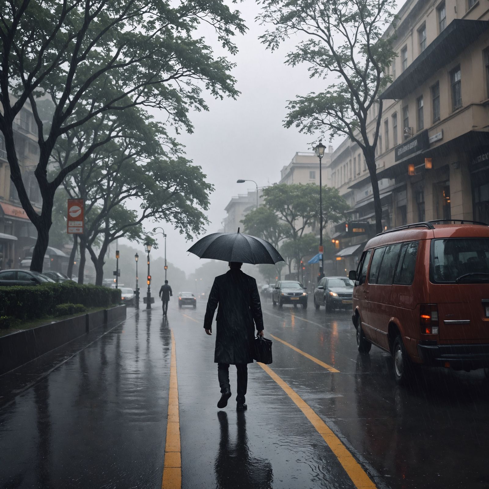 Man Under Umbrella Walks Through Rainy City Streets in Hyper...