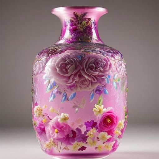 Detailed Pink Glass Jar with Flowers, Hyperrealism