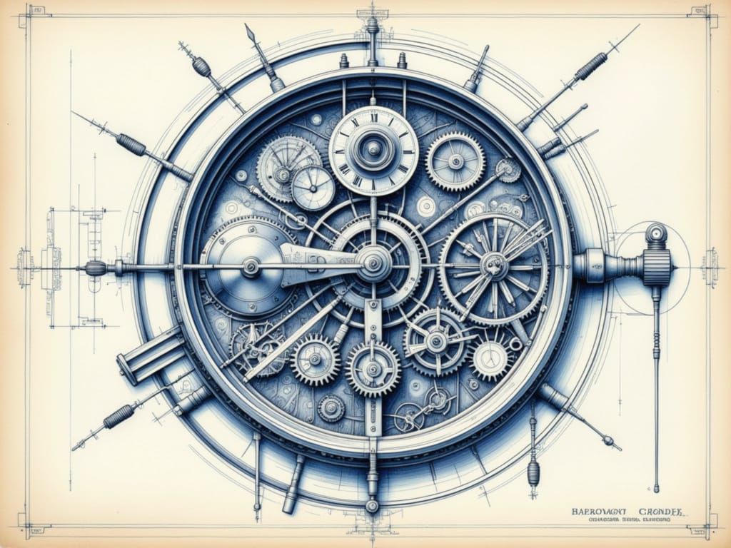 Blueprint Engineering Drawing of a Mechanical Clock