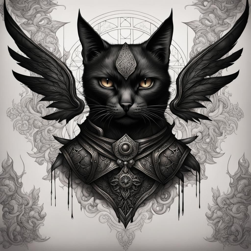 Gothic Blackwork Tattoo Sketch of Winged Cat
