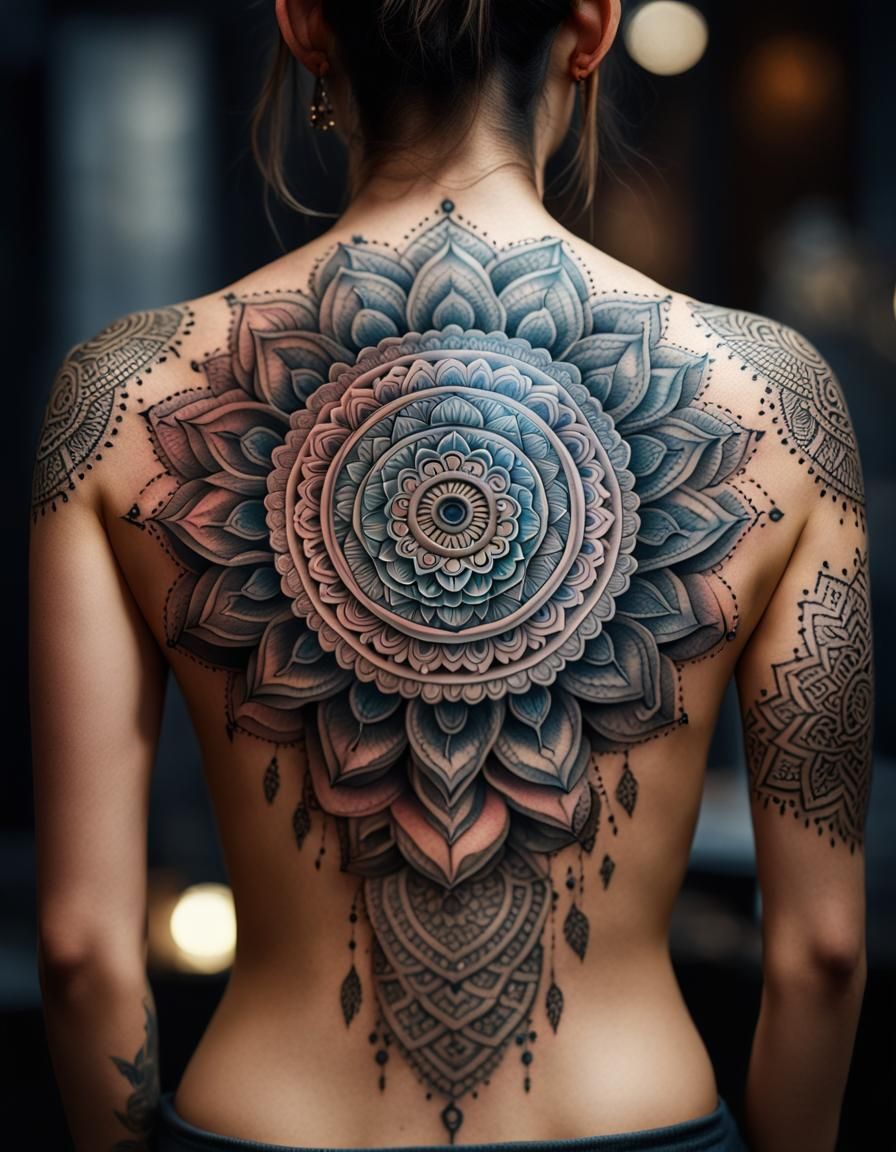Mandala Tattoo on Back: Hyper-Detailed and Realistic