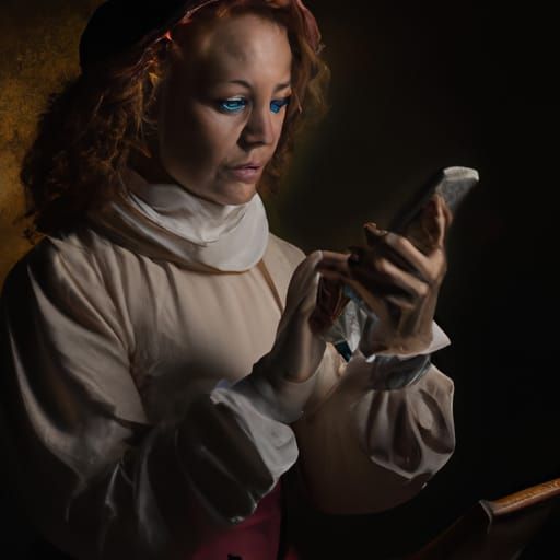 Lady checking her smartphone. Caravaggio style, renaissance painting volumetric lighting intricately detailed