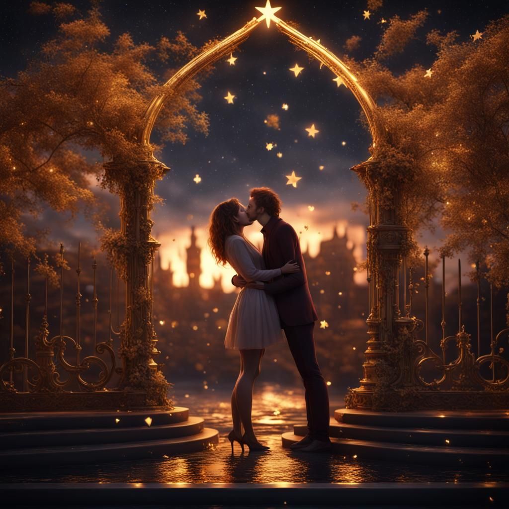 Romantic Kissing Couple Under Golden Stars