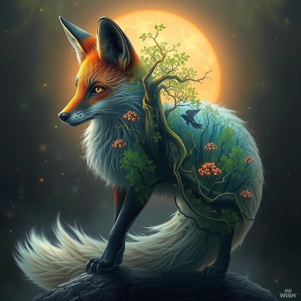 Ethereal Fox with Forest Interior, Digital Matte Painting