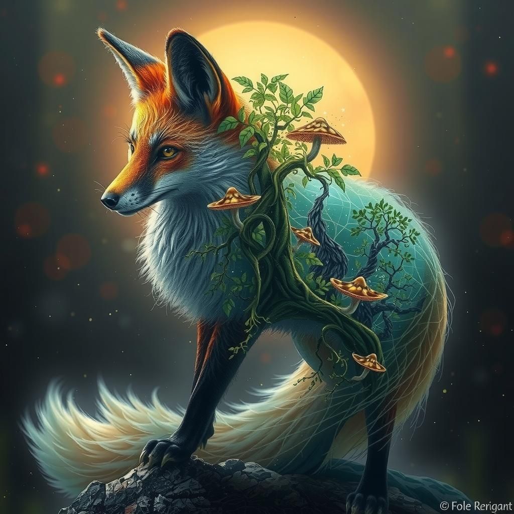 Mystical Fox with Forest Interior, Fantasy Concept Art