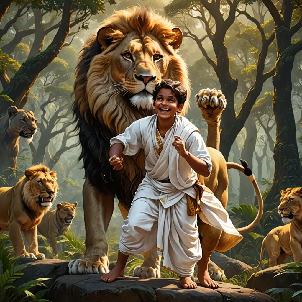 Young Prince Bharat with Lion in Dense Forest