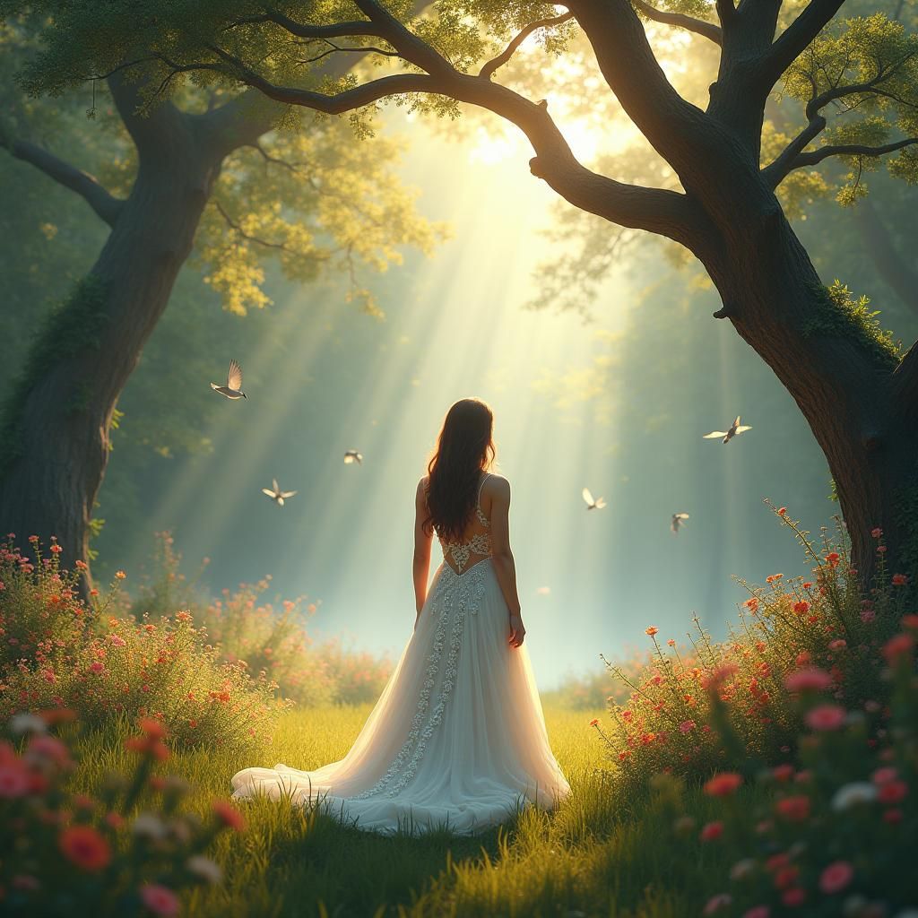 Woman in White Gown at Forest Edge
