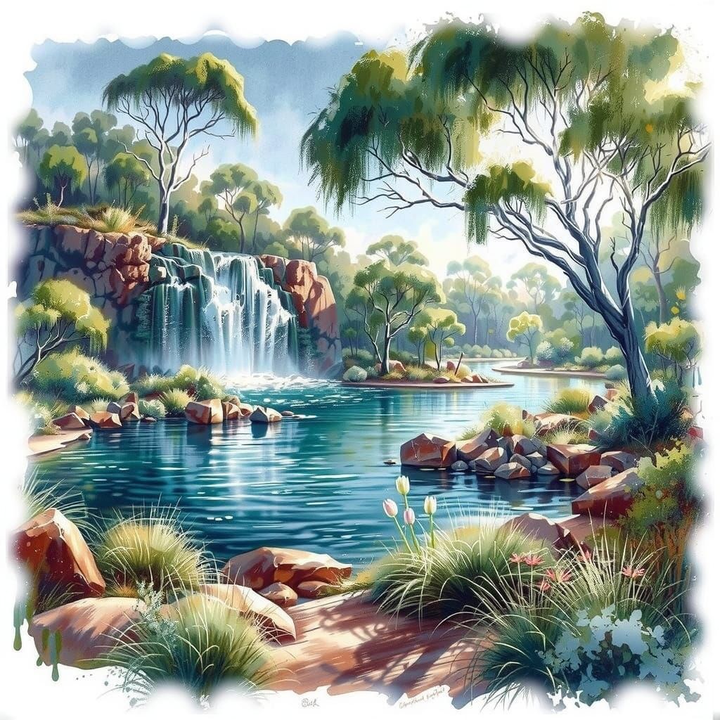 Australian Billabong at Sunset in Impressionist Style