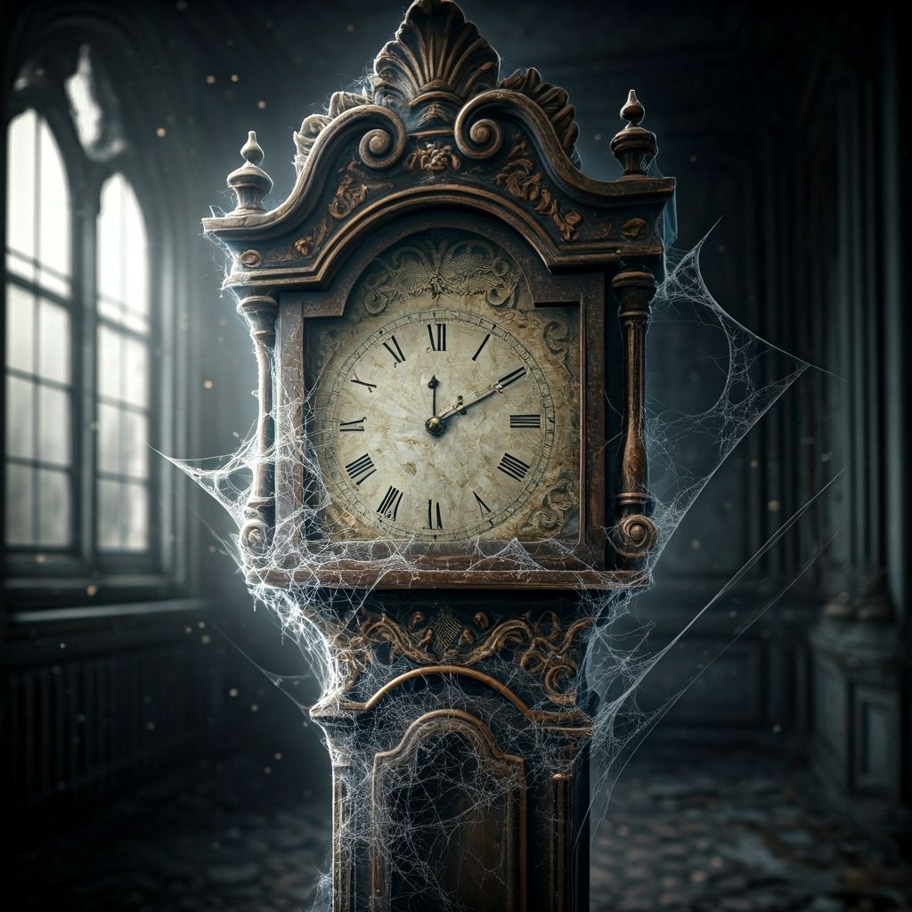 Ornate Grandfather Clock Encased in Spider Silk