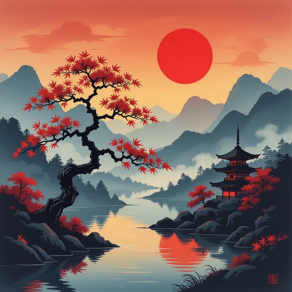 Crimson Maple Ravine in Japanese Woodblock Style