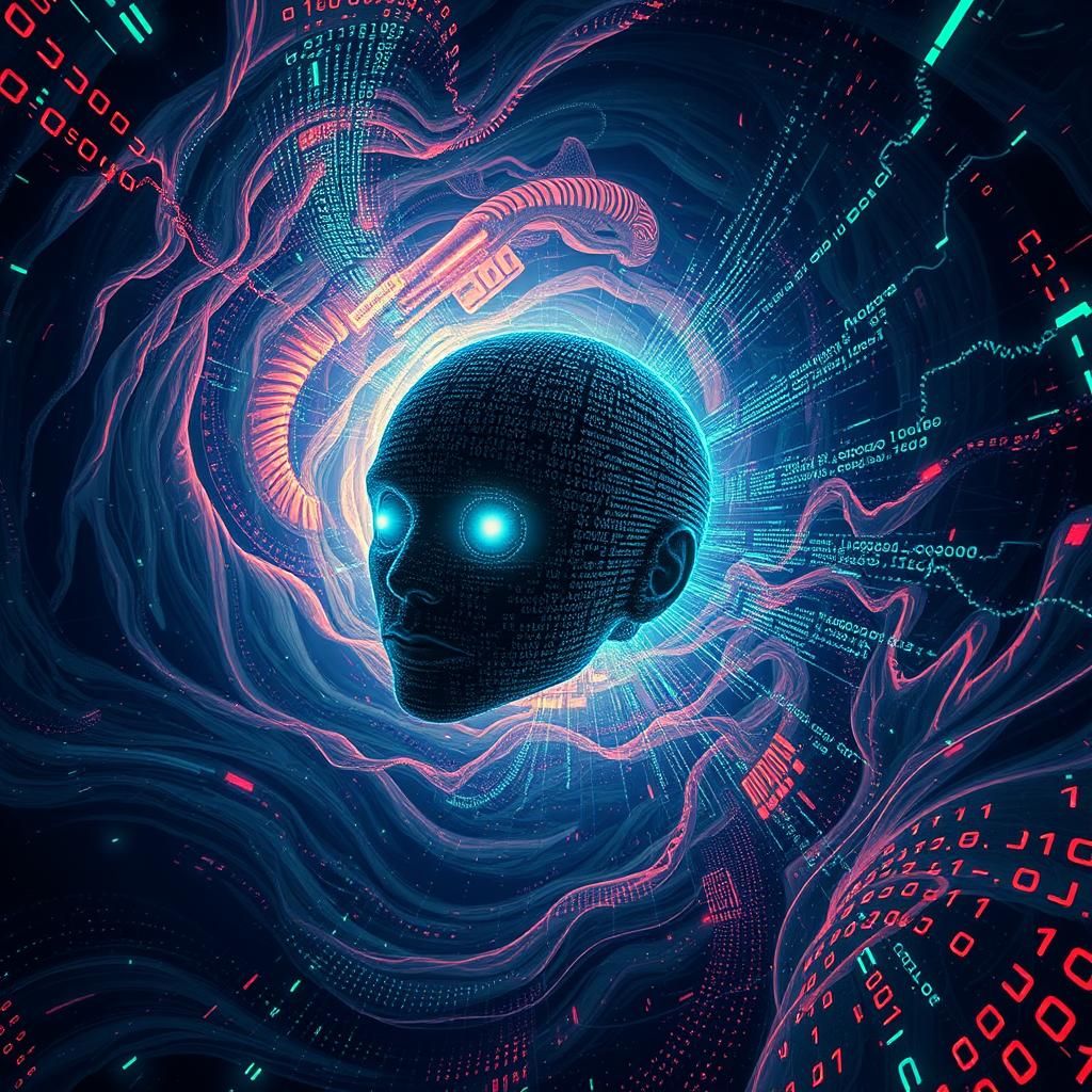 Pixelated Head in Cyberspace with Binary Code