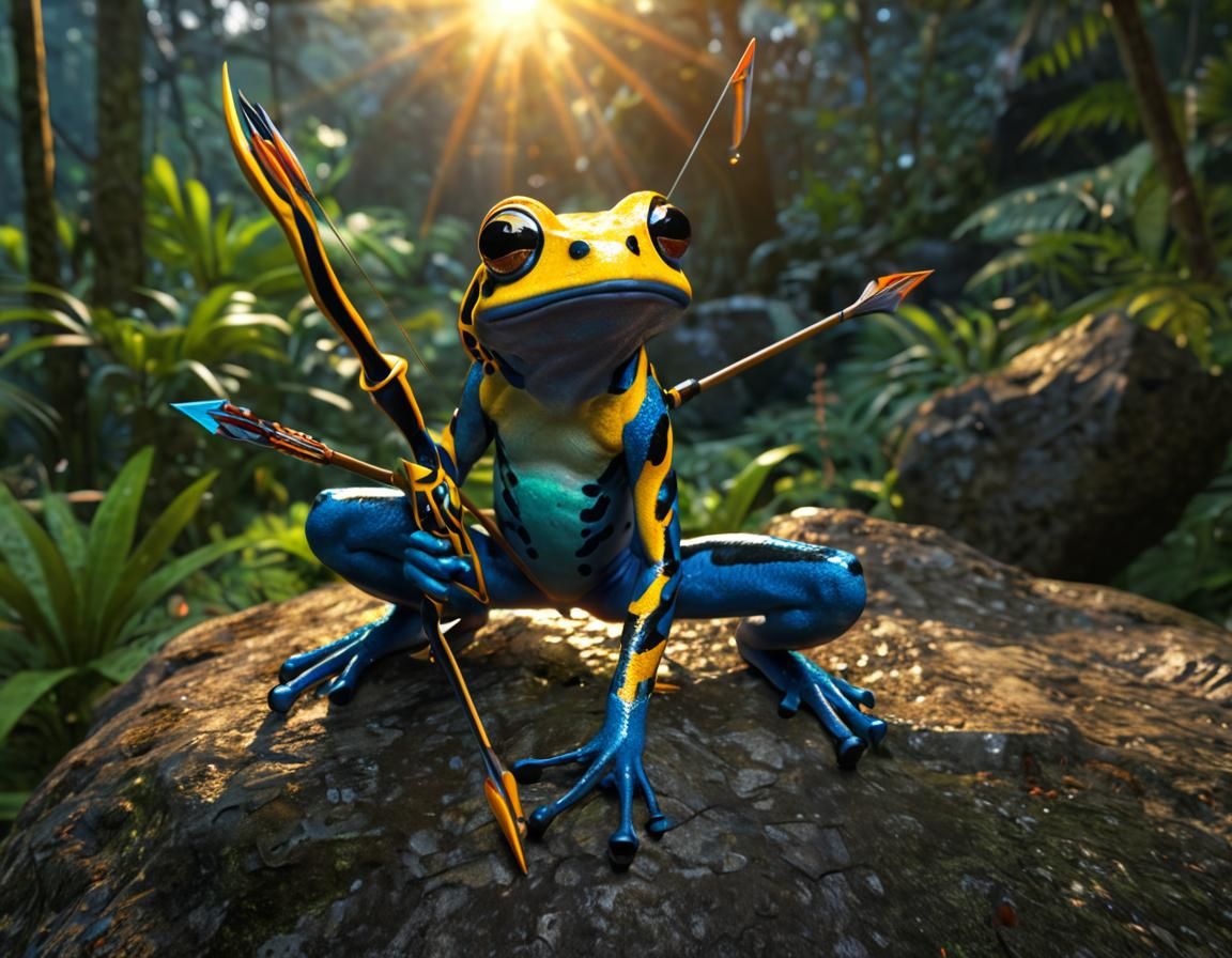 Dart Frog Archer in Rainforest Sunset, Art Deco