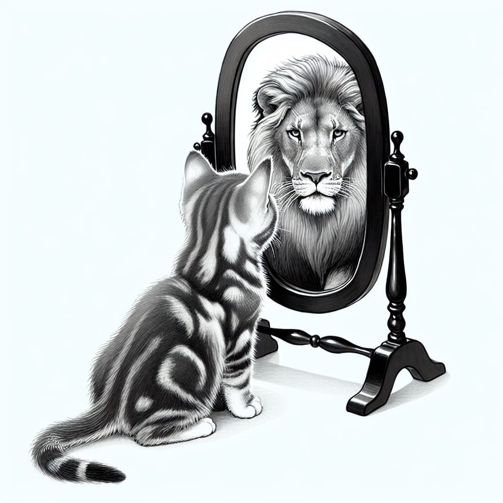 Cat Sees Lion Reflection: An Illustration of Self-Perception
