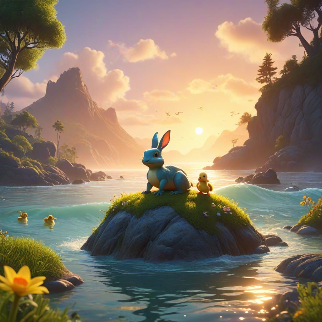 Sea Monster in Bunny Bay: Vibrant Oil Painting