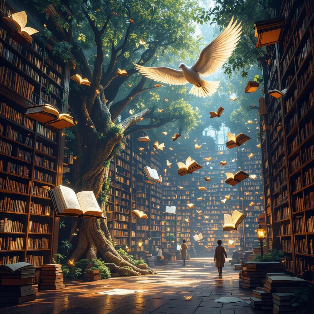 Magical Flying Books in a Dreamlike Library
