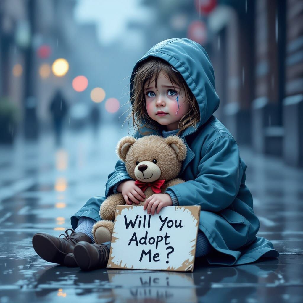 Girl Seeking Adoption in Rain as Pastel Drawing