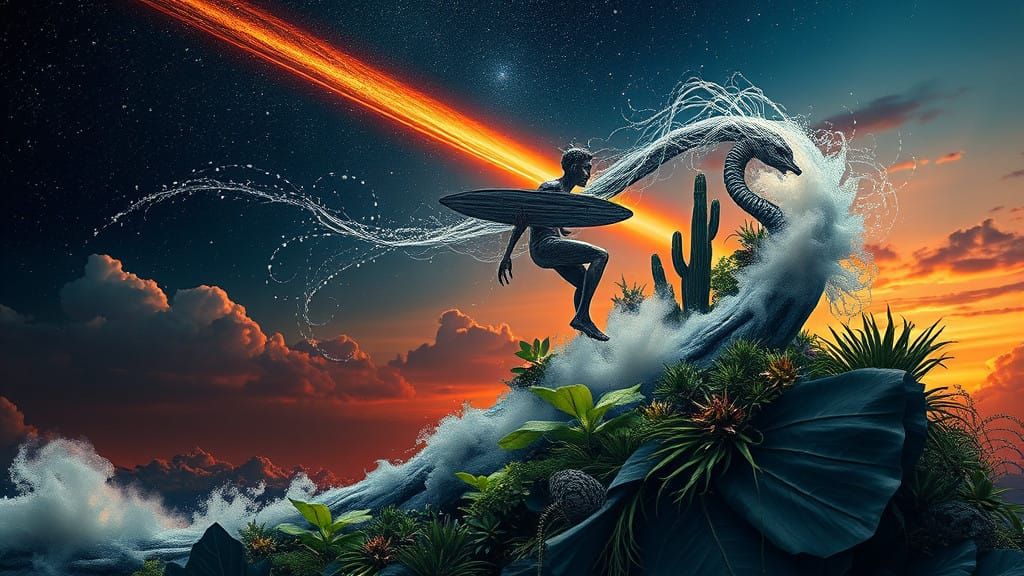 Mythical Surfer Rides Comet's Radiant Tail Amidst Starry Exp...