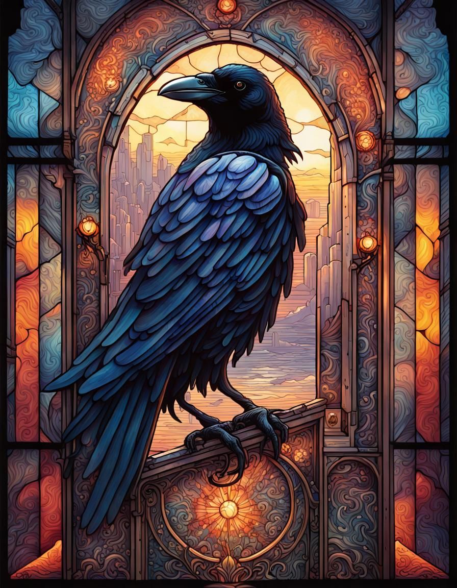 Stained Glass Raven in Hyperdetailed Illustration