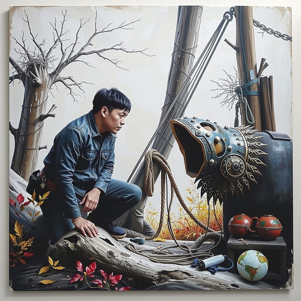 Colorful Landscape with Pink Figure Under White Light