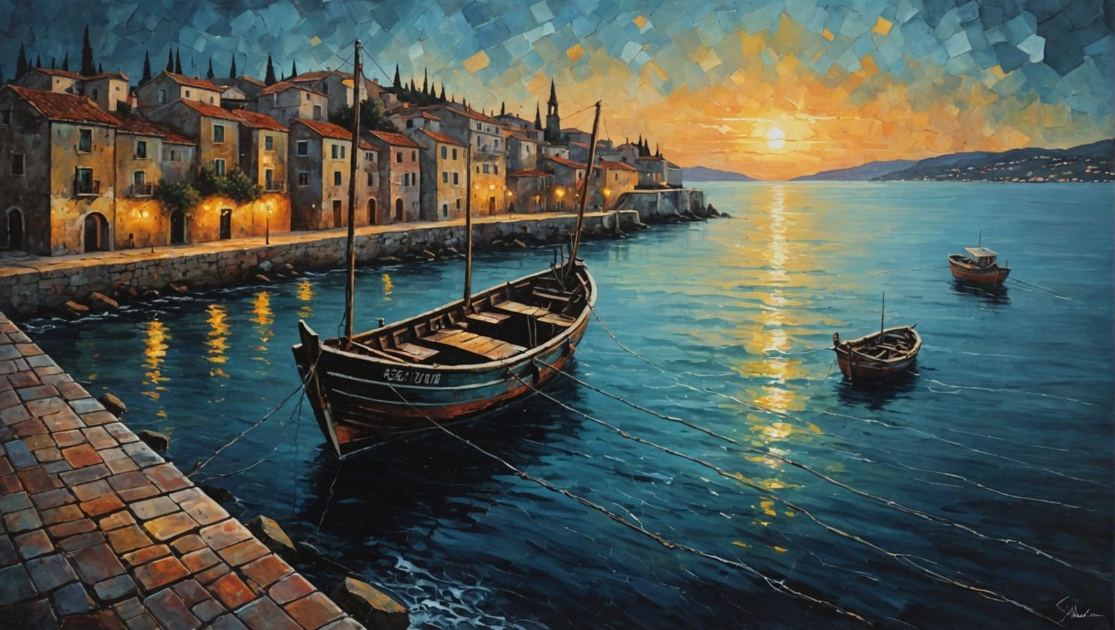 Fishing Boat at Sunrise: Acrylic Painting with Rich Details