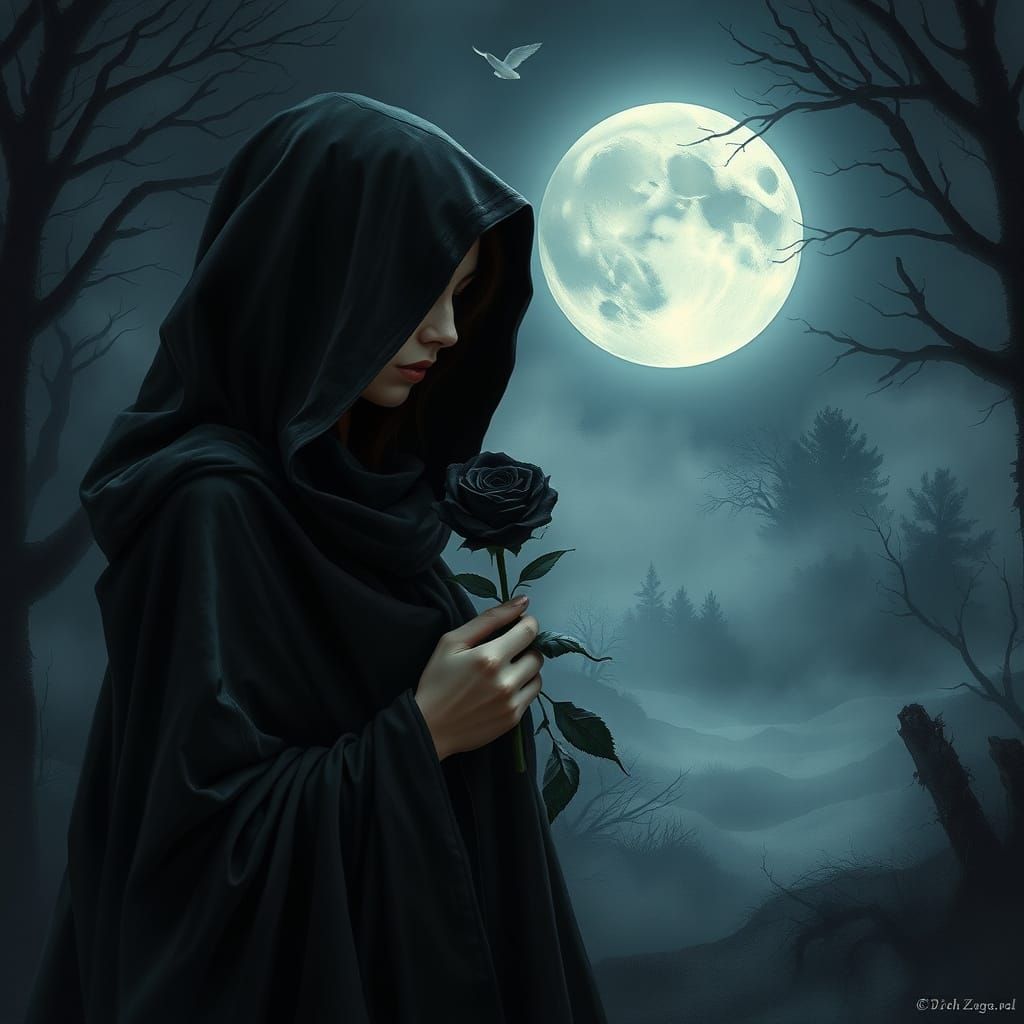 Mysterious Woman Cradles Dark Rose Under Full Moon