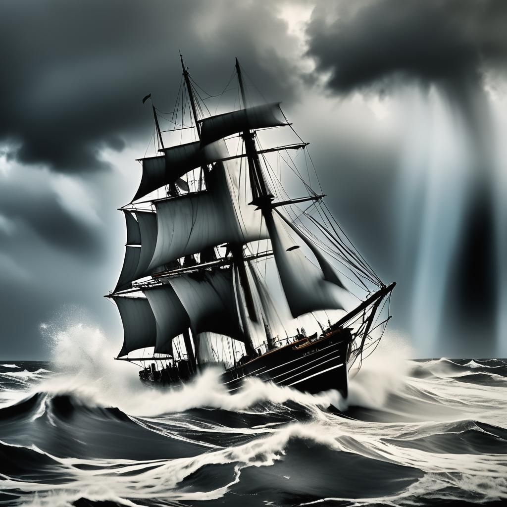 Historic Sailboat Navigates Stormy Sea: Ansel Adams Style