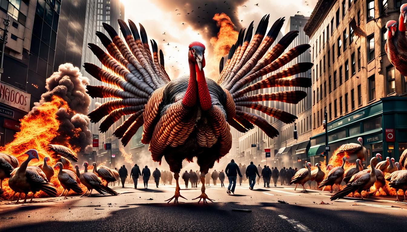 Giant Turkeys Invade City in Hyperrealistic Detail