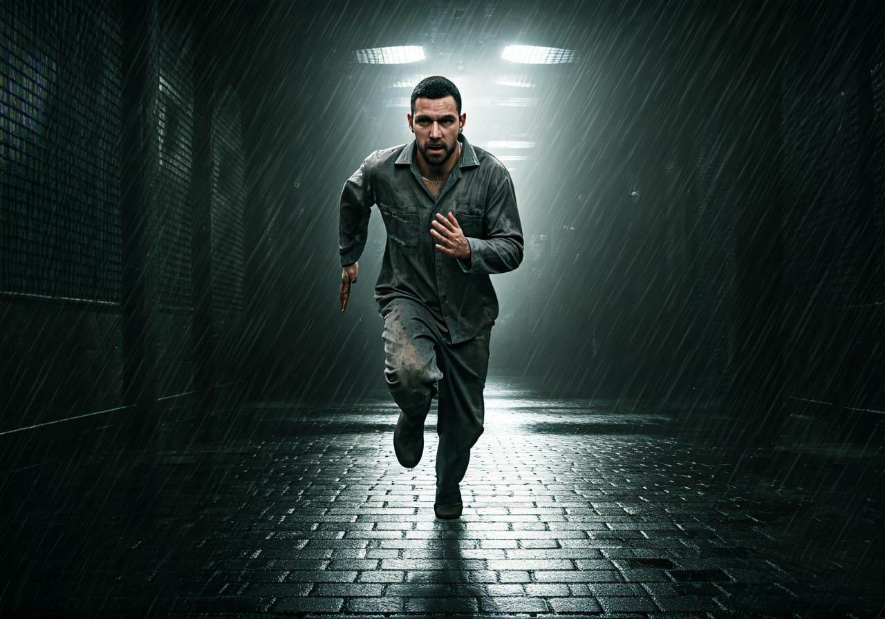 Prisoner's Rainy Escape: Gritty Sci-Fi Art