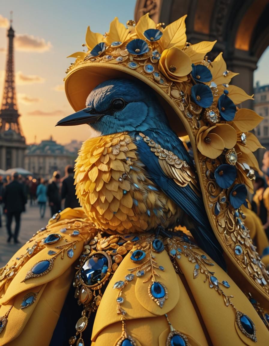 Blue Bird in Yellow Haute Couture Hat