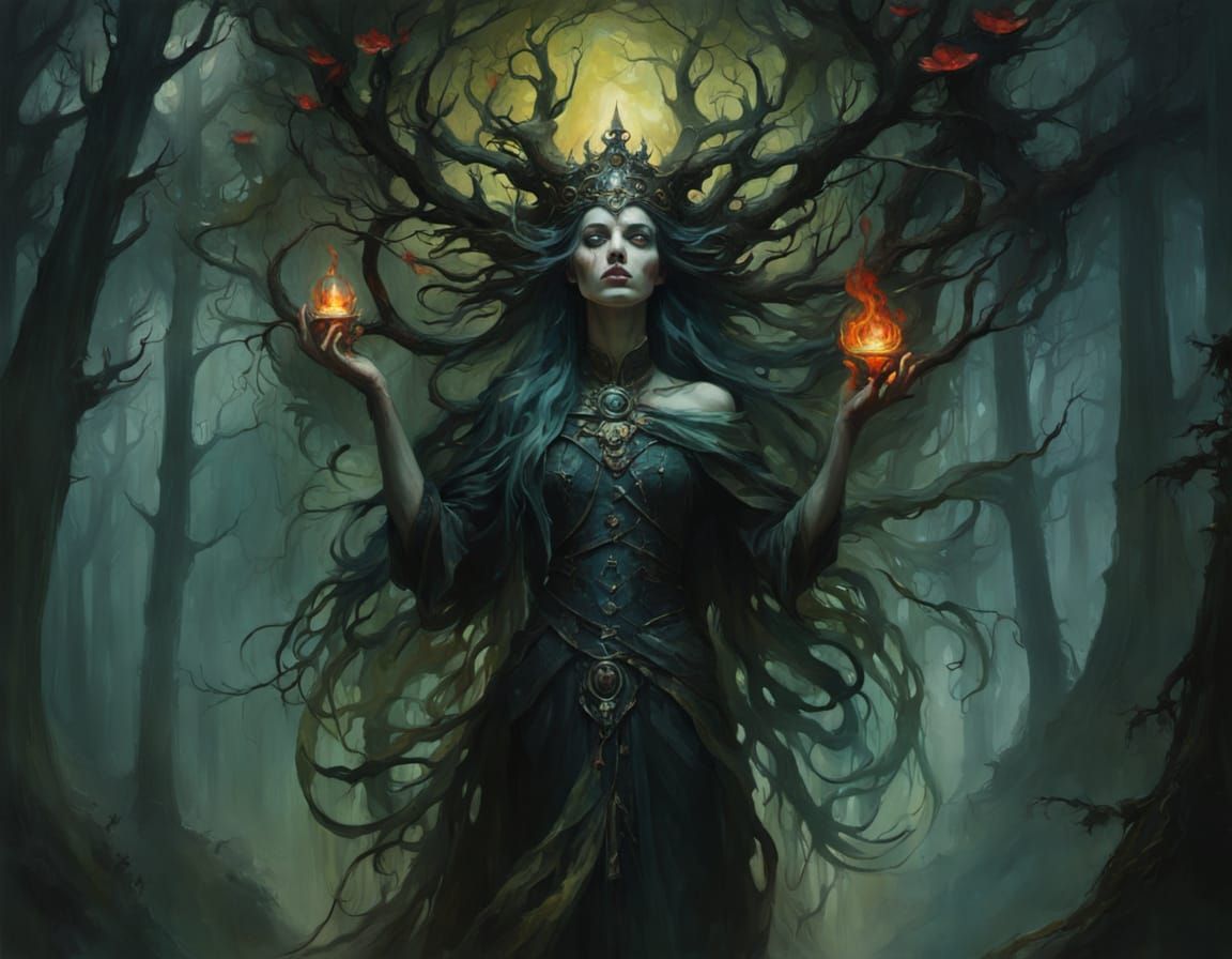 Dark Fantasy Oracle in a Forest Nightscape, Painted in Oils