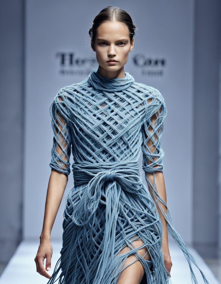 blue string haute-couture dress