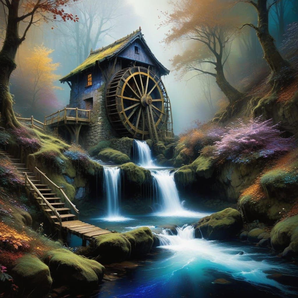 Whimsical Waterwheel in Enchanted Forest