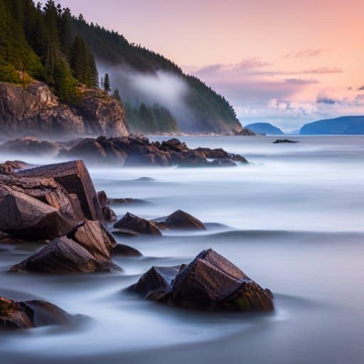 Hyperrealistic Maine Shoreline with Waves and Fjord