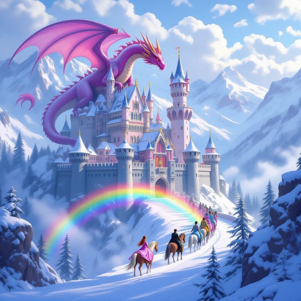 Majestic Castle with Pink Dragon & Rainbow