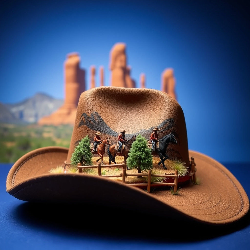 Cowboy Hat Diorama with Mountain Scene